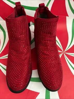 Italina Red Rhinestone Suede Ankle Booties